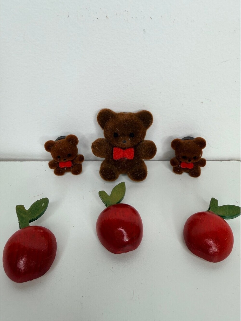 Vintage teddy bear and wood apple magnet set
